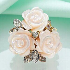 VINTAGE- 14K Gold -Rose Boquet Ring Angel Skin Coral & Diamond Ring Size 7 -3.3g